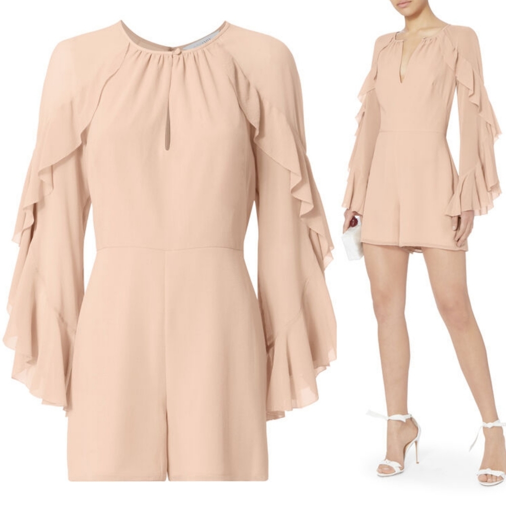 🌞 INTERMIX Molly 100% Silk Ruffle Sleeve Romper Dress In Nude Dusty Rose